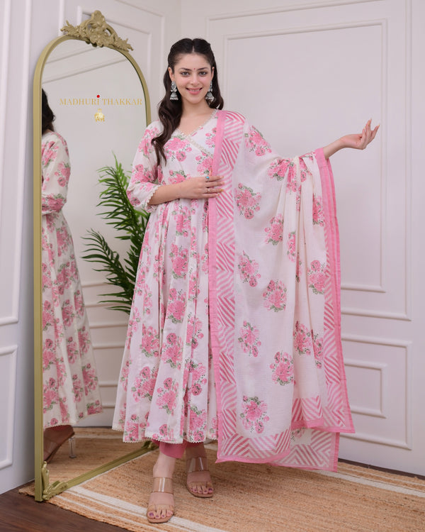 Ivory Pink Floral Mul Cotton Anarkali