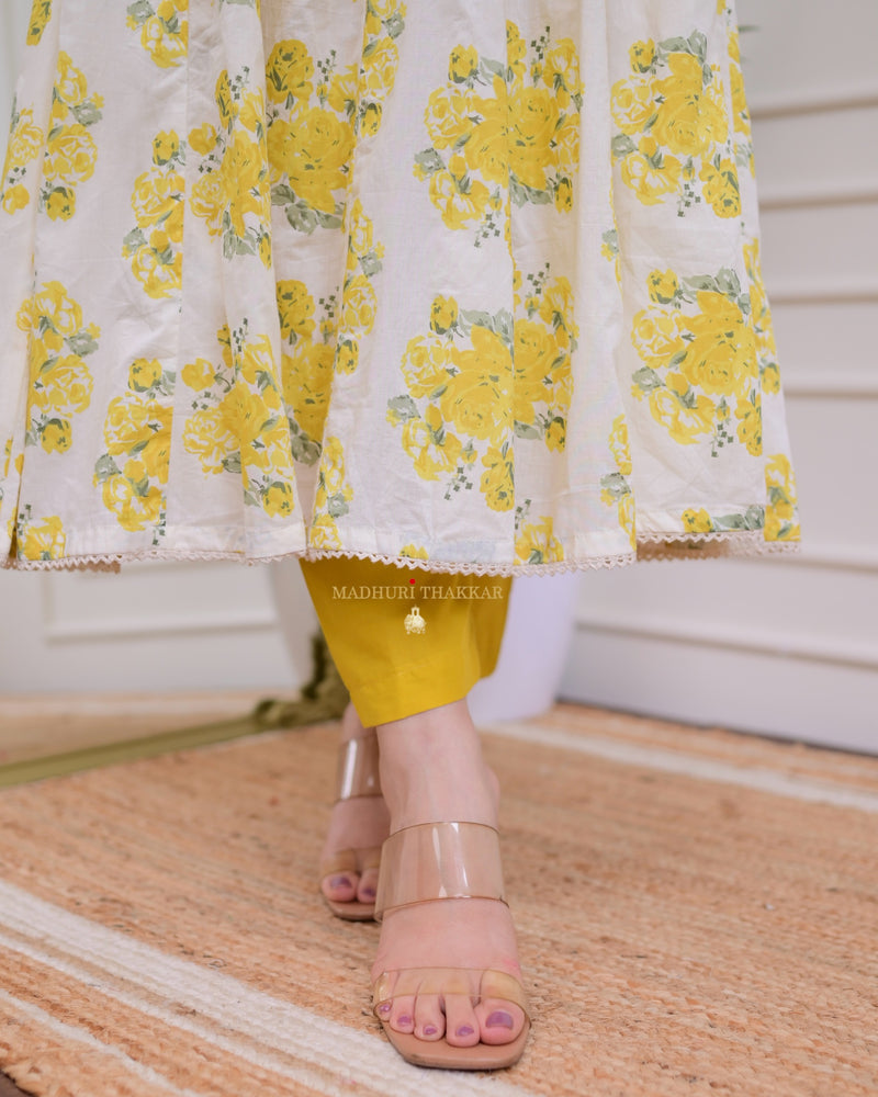 Ivory Yellow Floral Mul Cotton Anarkali