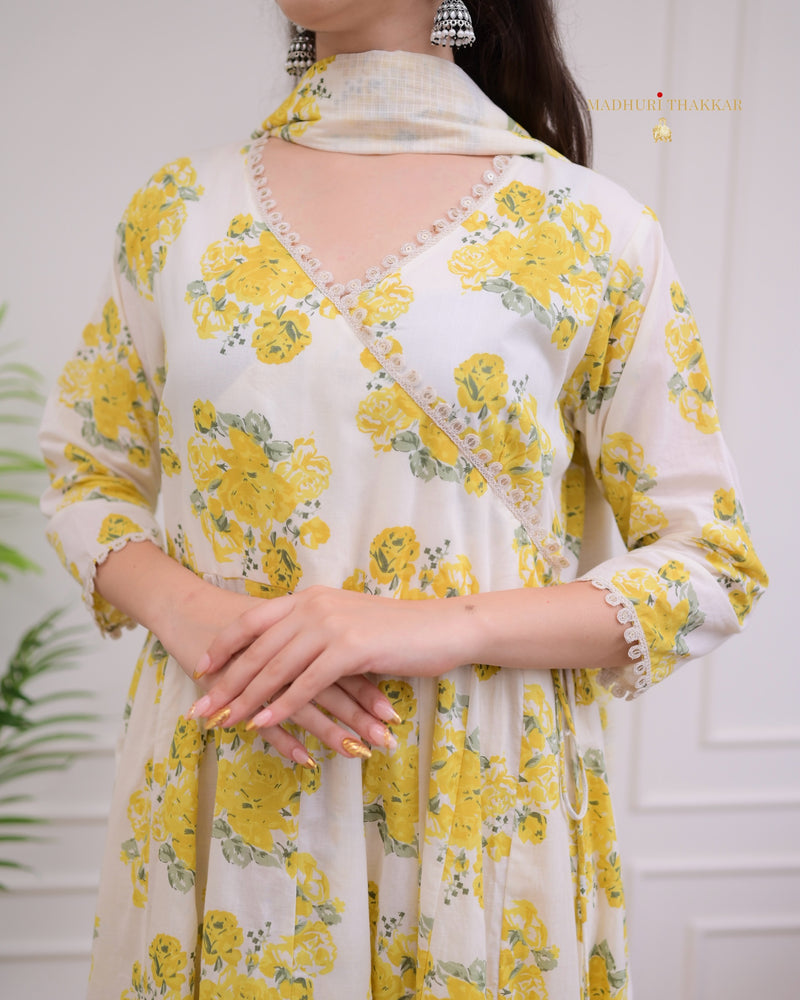 Ivory Yellow Floral Mul Cotton Anarkali