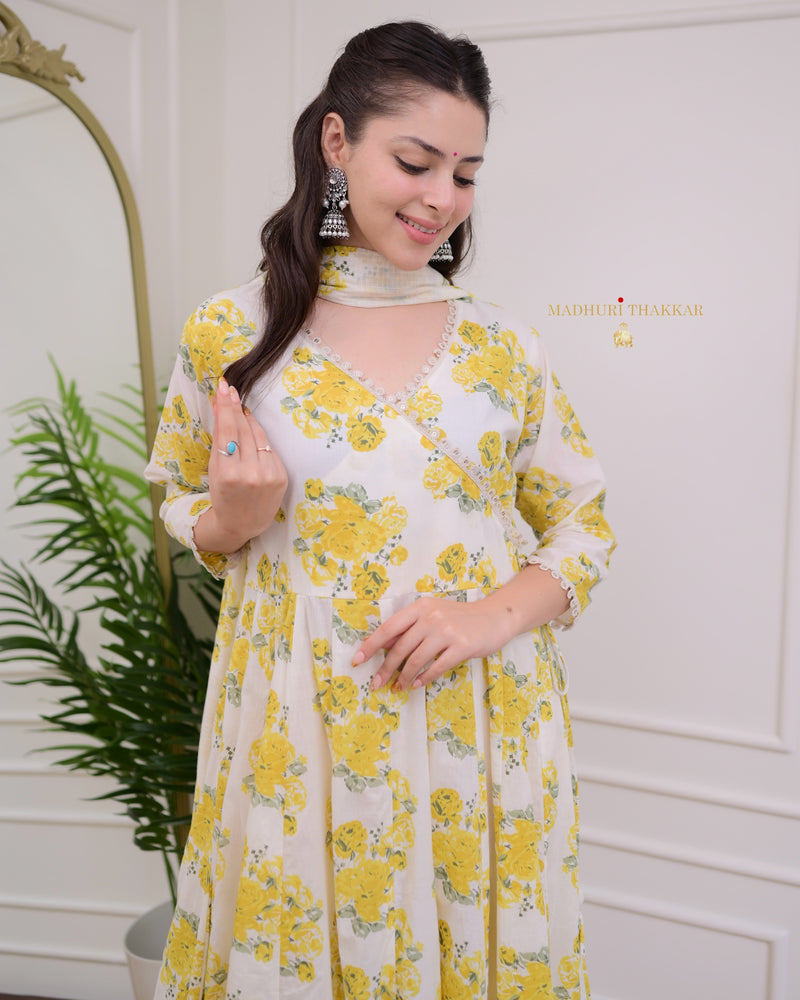 Ivory Yellow Floral Mul Cotton Anarkali