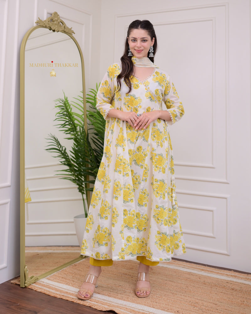 Ivory Yellow Floral Mul Cotton Anarkali