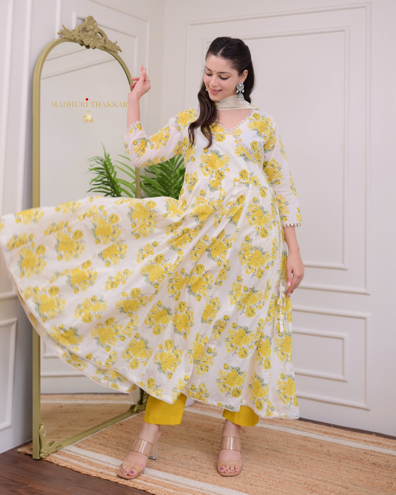 Ivory Yellow Floral Mul Cotton Anarkali