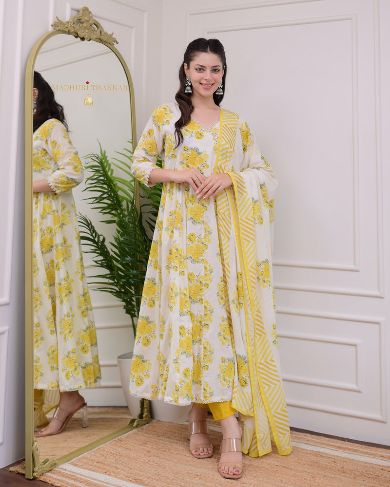 Ivory Yellow Floral Mul Cotton Anarkali