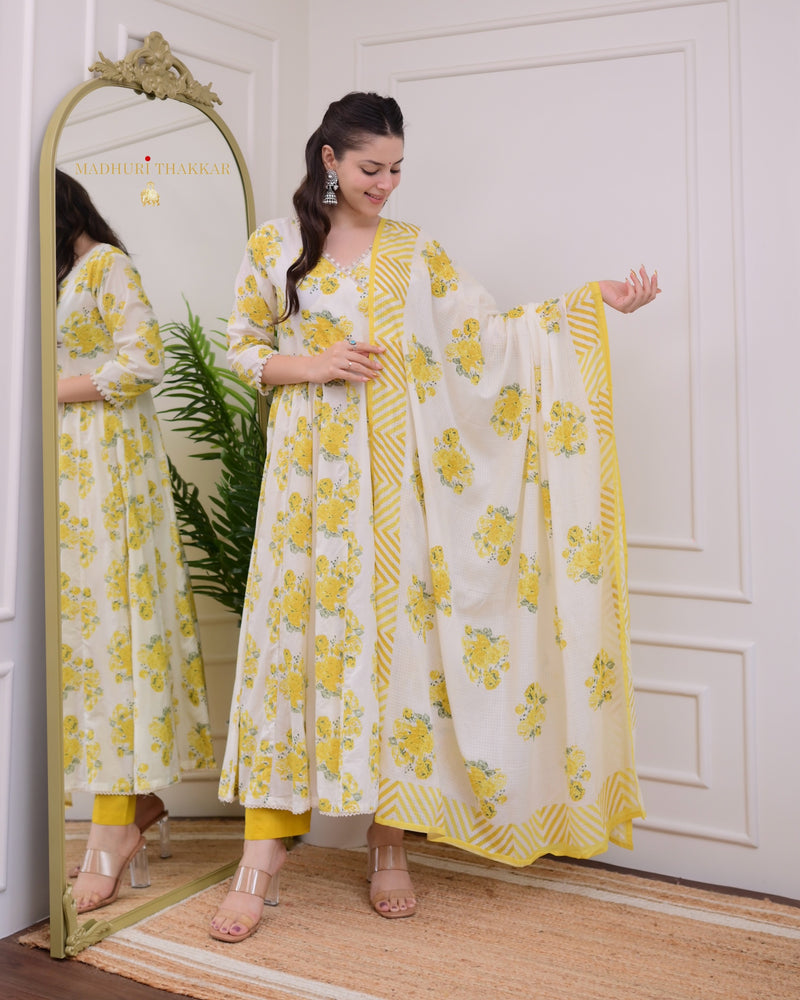 Ivory Yellow Floral Mul Cotton Anarkali