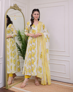 Ivory Yellow Floral Mul Cotton Anarkali