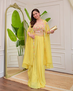 Yellow Handwork Chinnon Pleated Skirt Cape Set