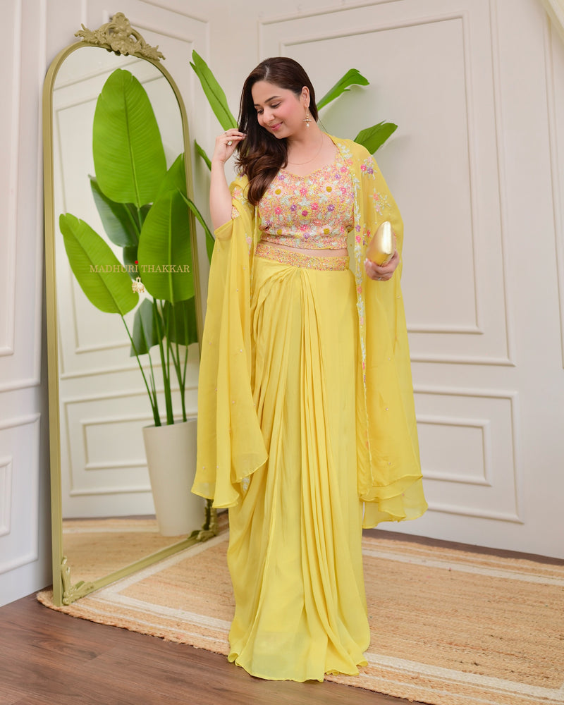 Yellow Handwork Chinnon Pleated Skirt Cape Set