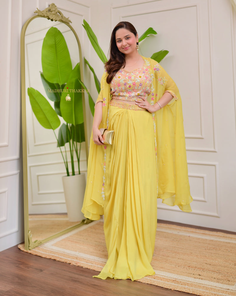 Yellow Handwork Chinnon Pleated Skirt Cape Set