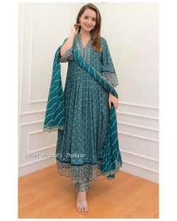 Rama Green Leheriya Festive Embroidered Suit