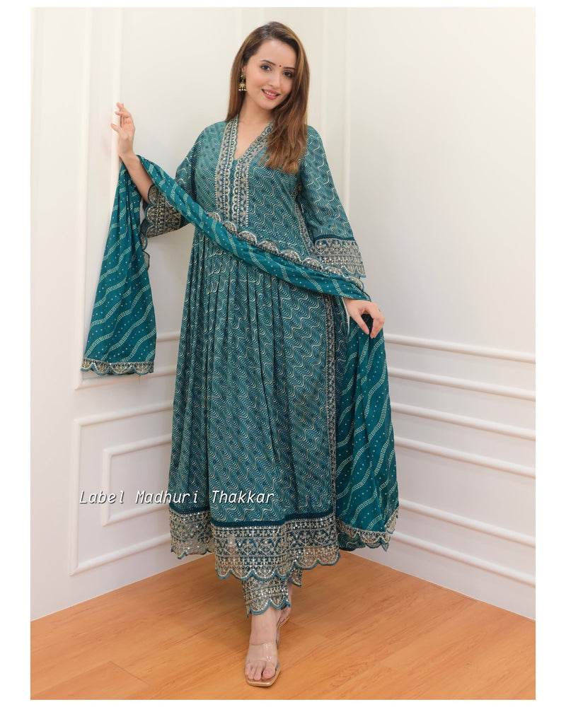 Rama Green Leheriya Festive Embroidered Suit