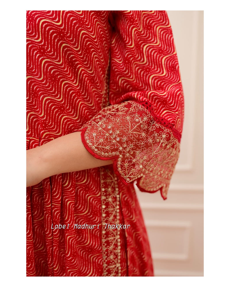 Red Leheriya Festive Embroidered Suit