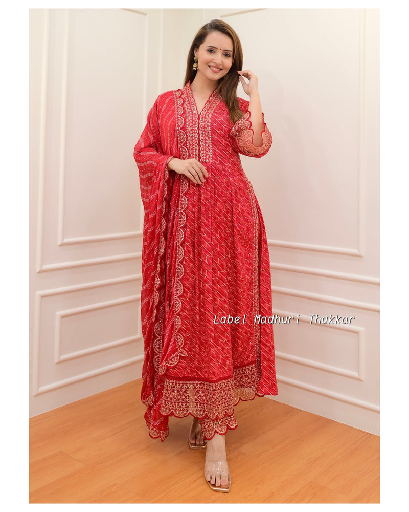 Red Leheriya Festive Embroidered Suit