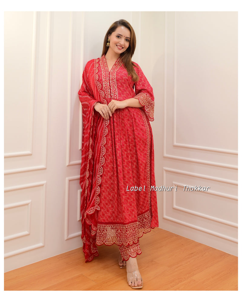 Red Leheriya Festive Embroidered Suit