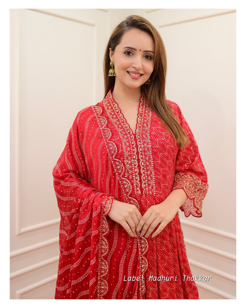 Red Leheriya Festive Embroidered Suit