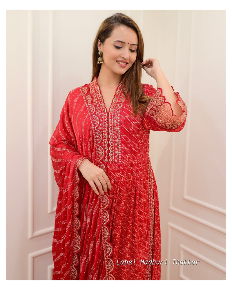 Red Leheriya Festive Embroidered Suit