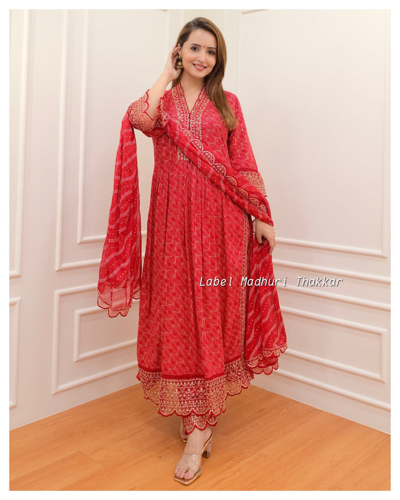 Red Leheriya Festive Embroidered Suit