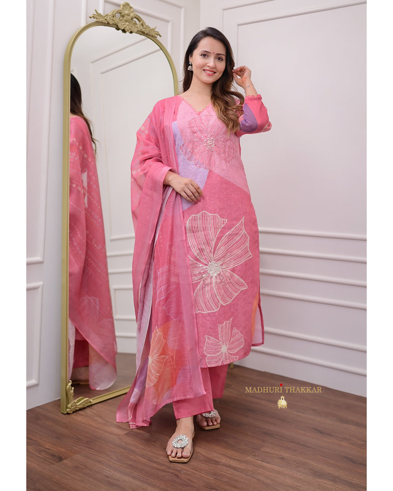 Rose Pink Schiffli Handwork Linen Suit