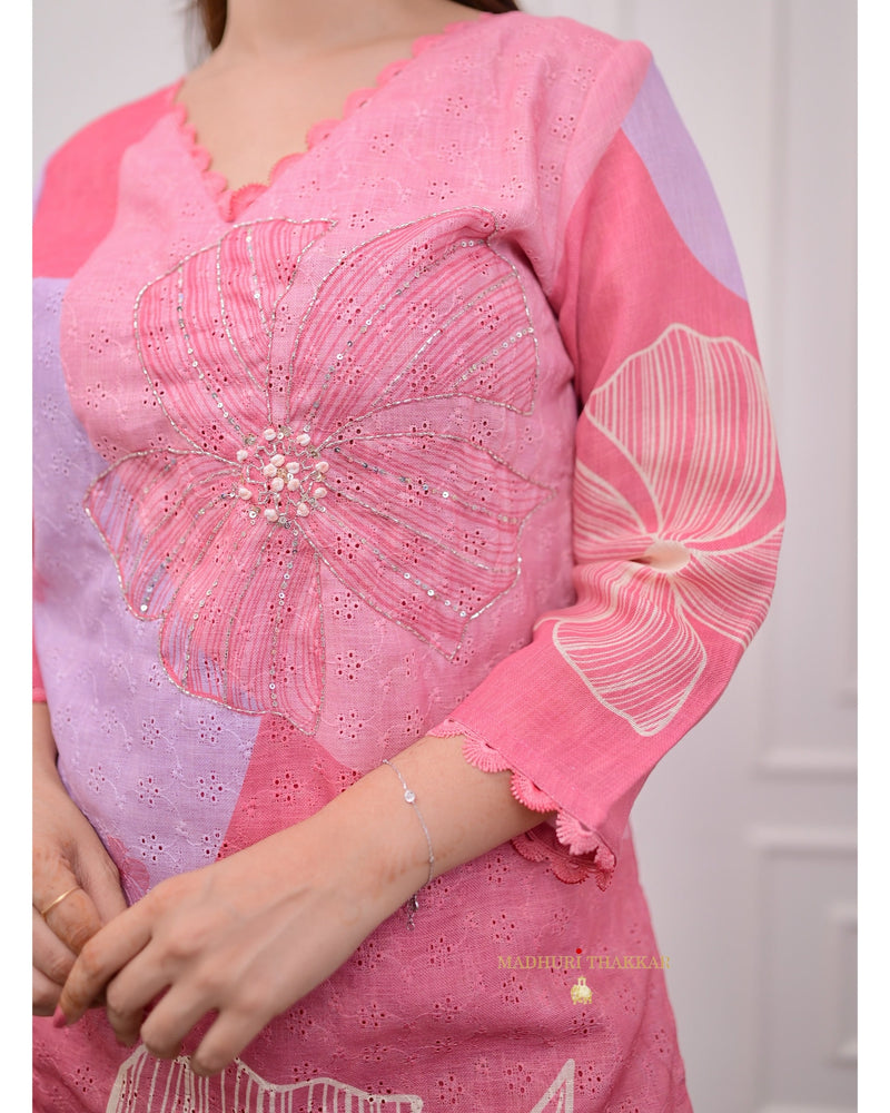 Rose Pink Schiffli Handwork Linen Suit