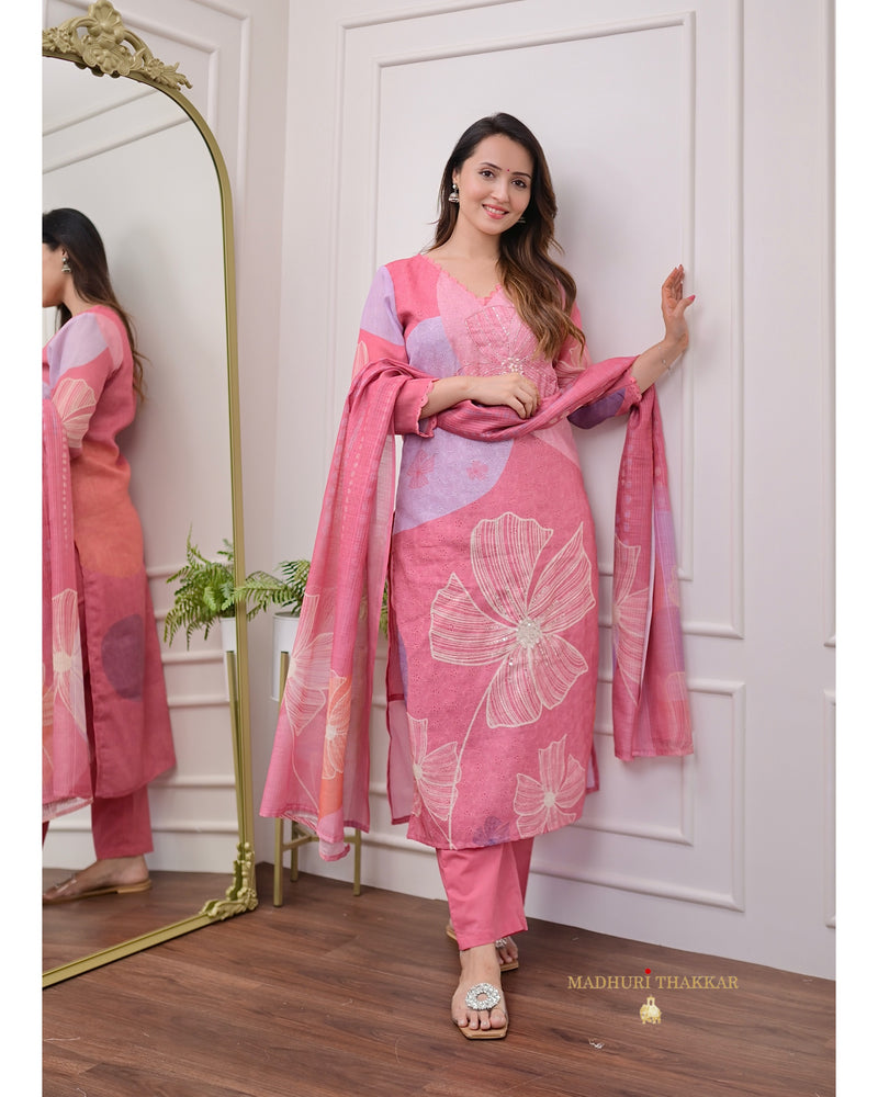 Rose Pink Schiffli Handwork Linen Suit