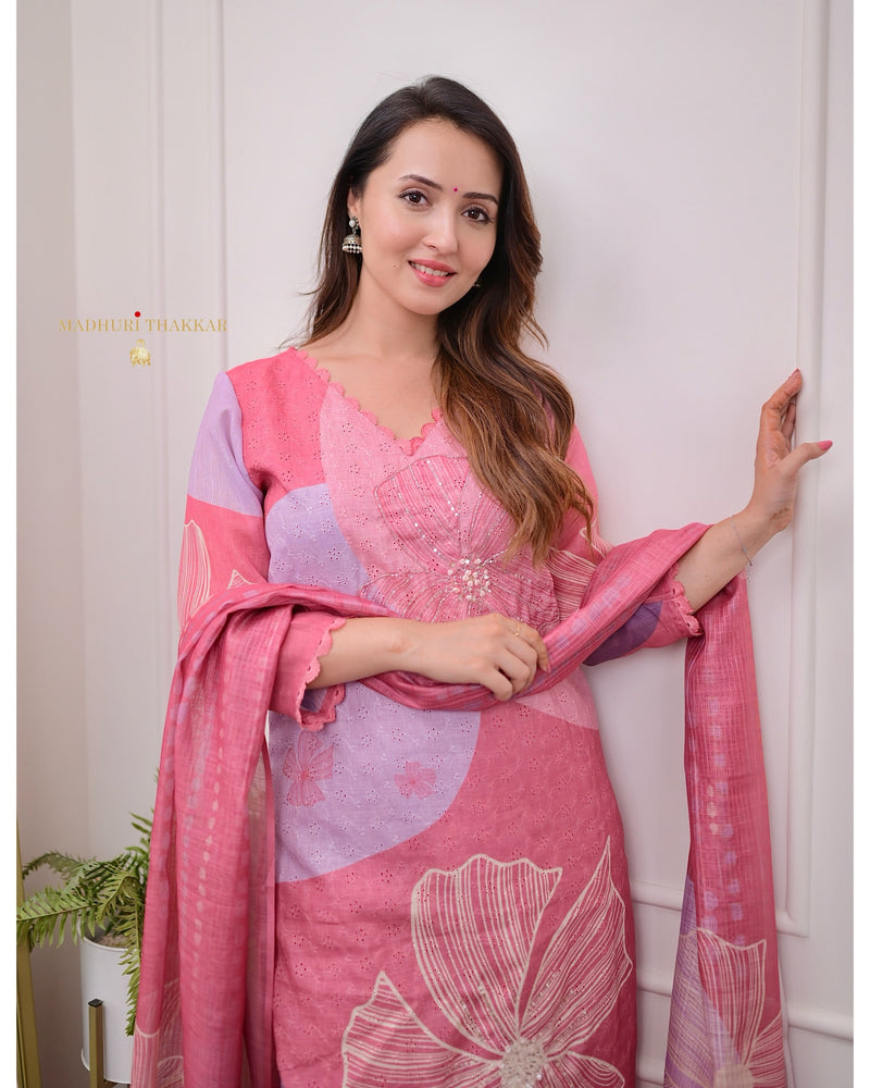 Rose Pink Schiffli Handwork Linen Suit