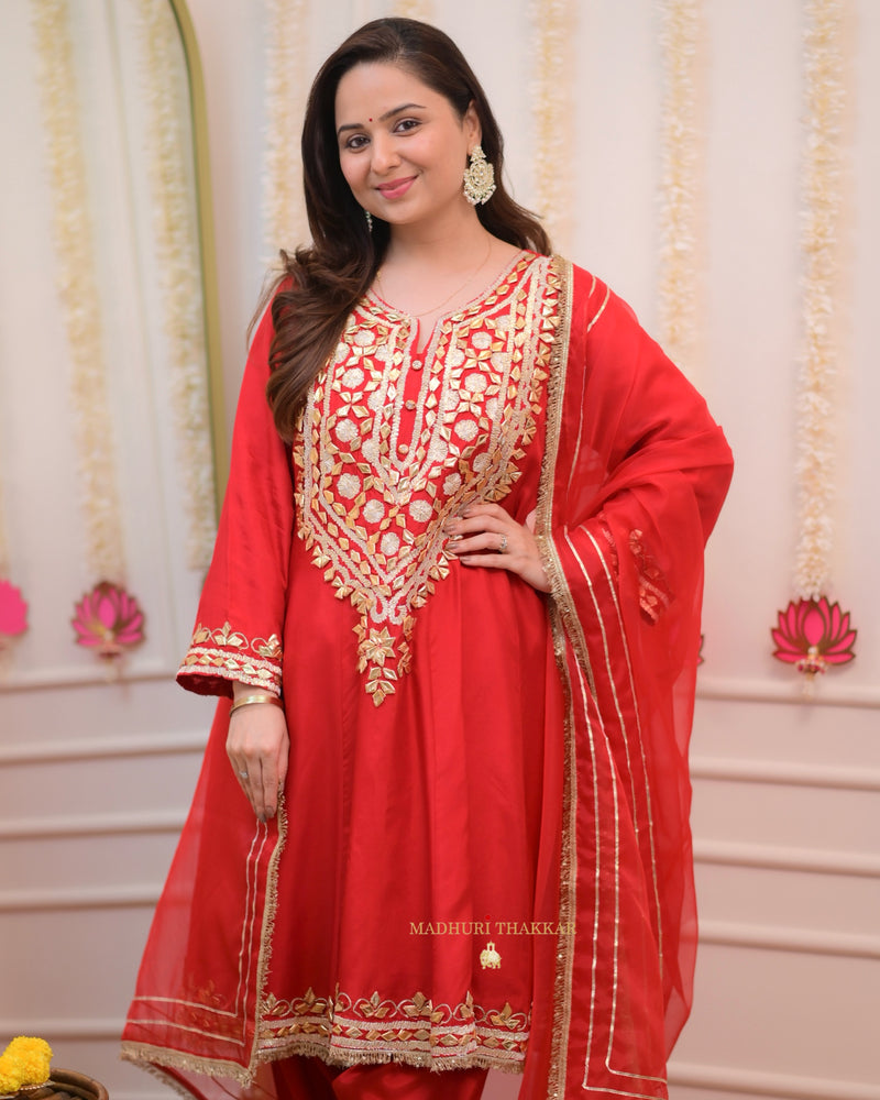 Red Gota Work Premium Festive Silk Anarkali Suit