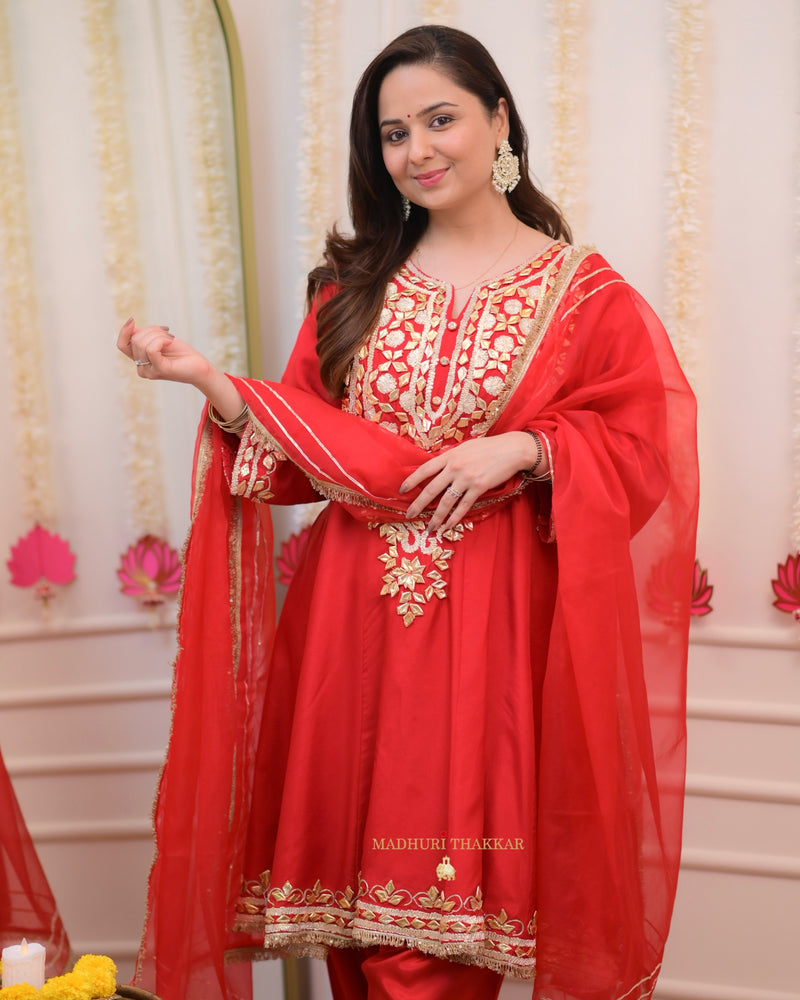 Red Gota Work Premium Festive Silk Anarkali Suit