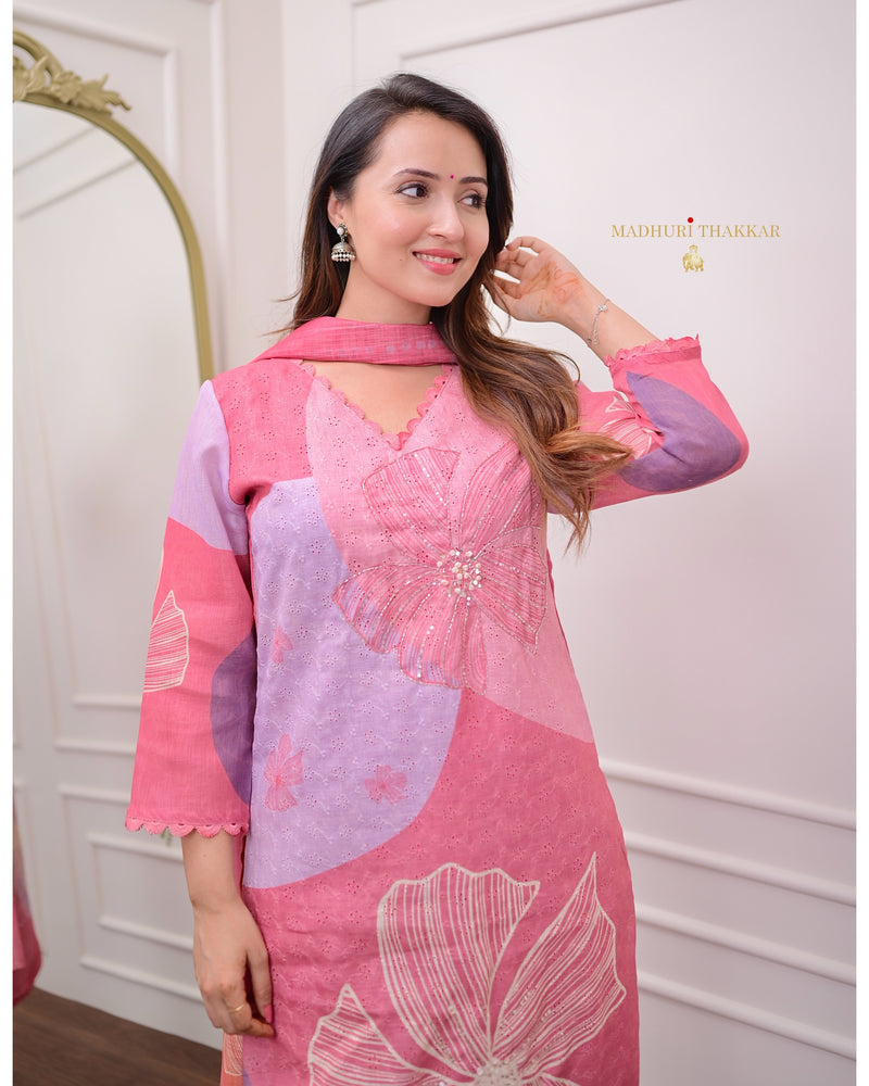 Rose Pink Schiffli Handwork Linen Suit