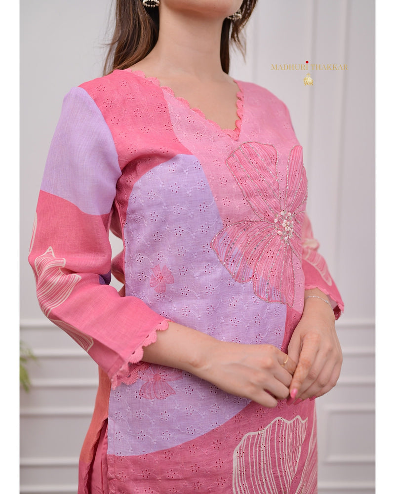 Rose Pink Schiffli Handwork Linen Suit