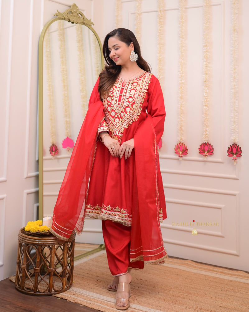 Red Gota Work Premium Festive Silk Anarkali Suit