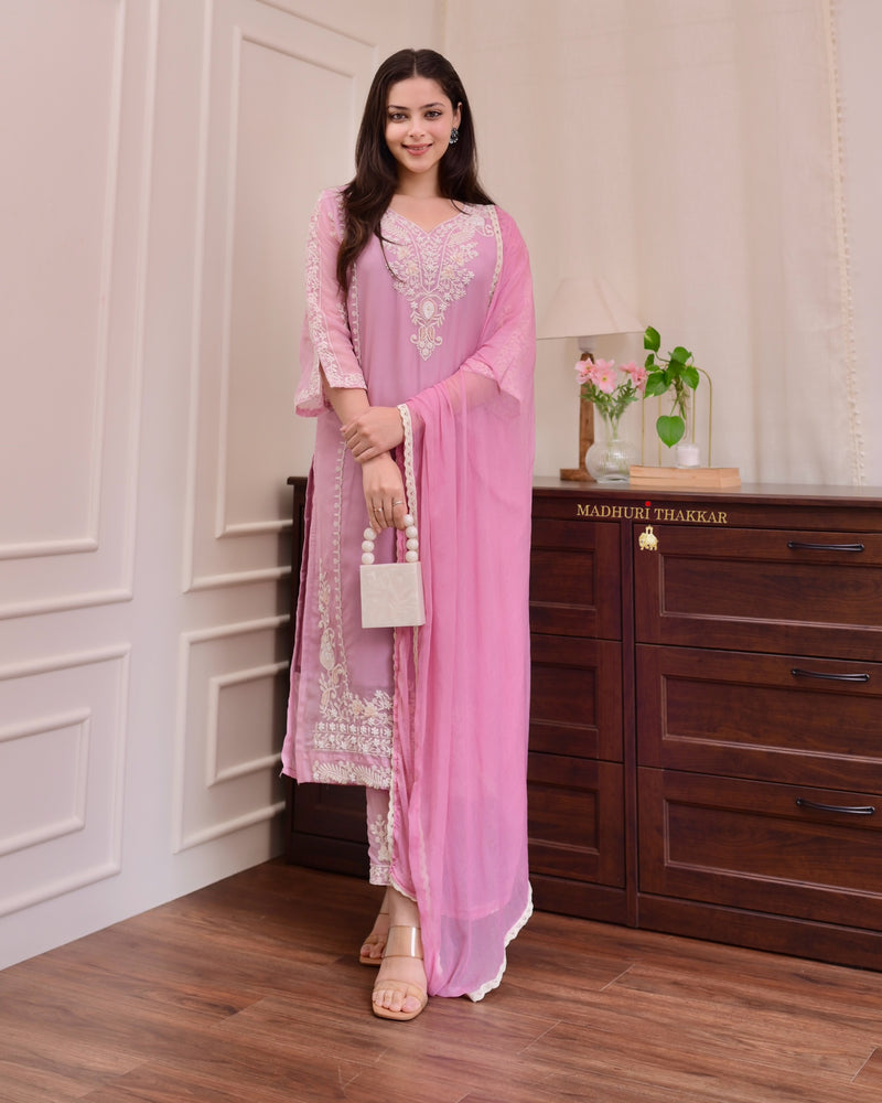 Lilac Threadwork Premium Organza Pakistani Suit