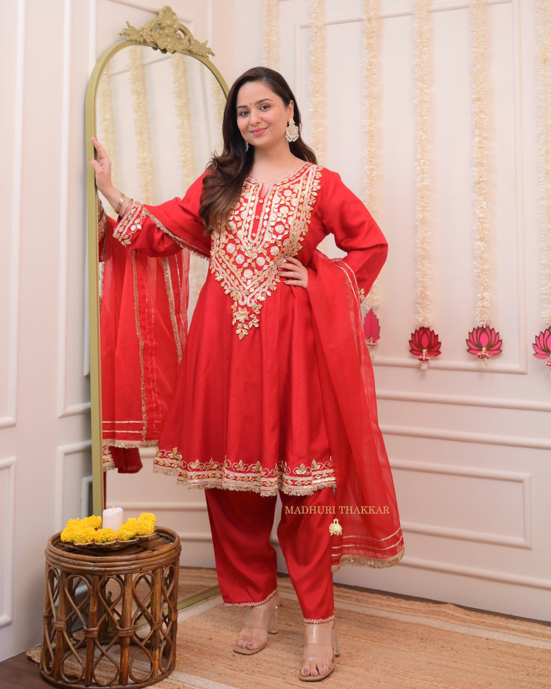 Red Gota Work Premium Festive Silk Anarkali Suit