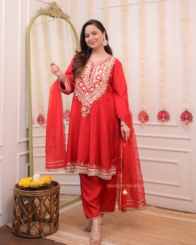 Red Gota Work Premium Festive Silk Anarkali Suit