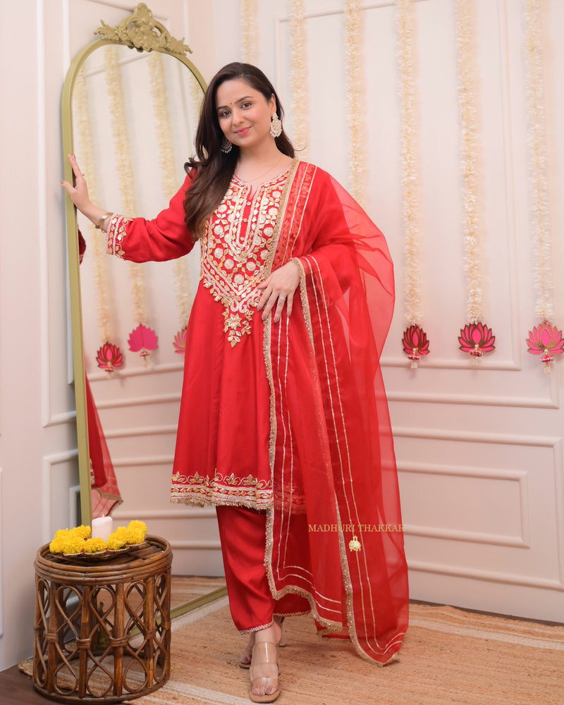 Red Gota Work Premium Festive Silk Anarkali Suit