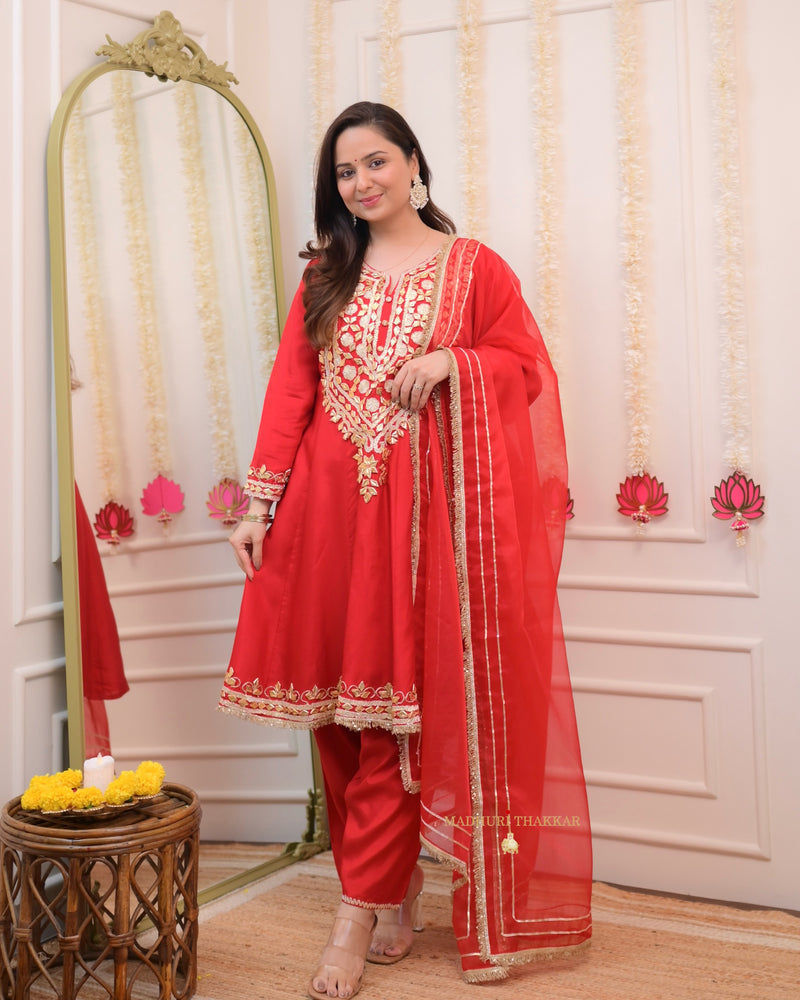 Red Gota Work Premium Festive Silk Anarkali Suit