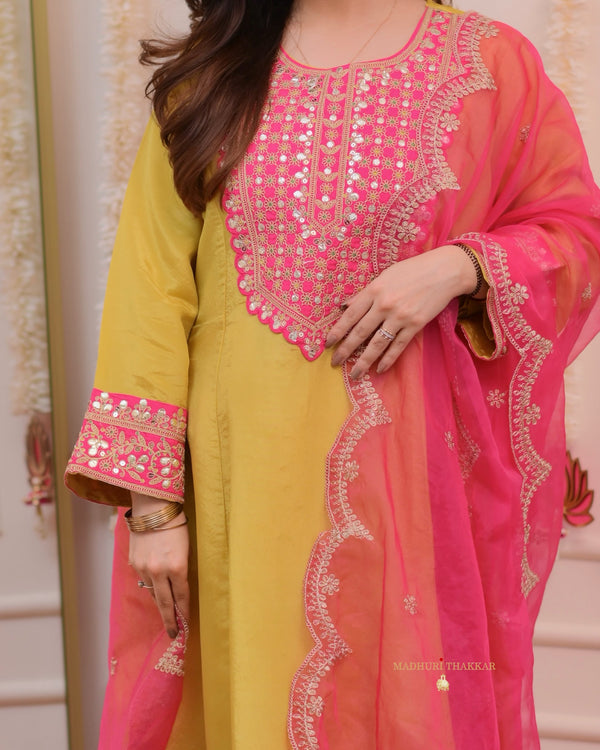 Yellow Fuchsia Shimmer Organza Premium Anarkali Suit