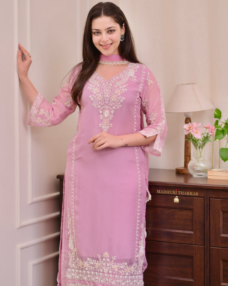 Lilac Threadwork Premium Organza Pakistani Suit