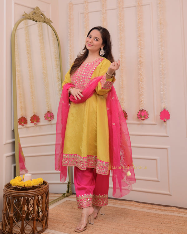 Yellow Fuchsia Shimmer Organza Premium Anarkali Suit