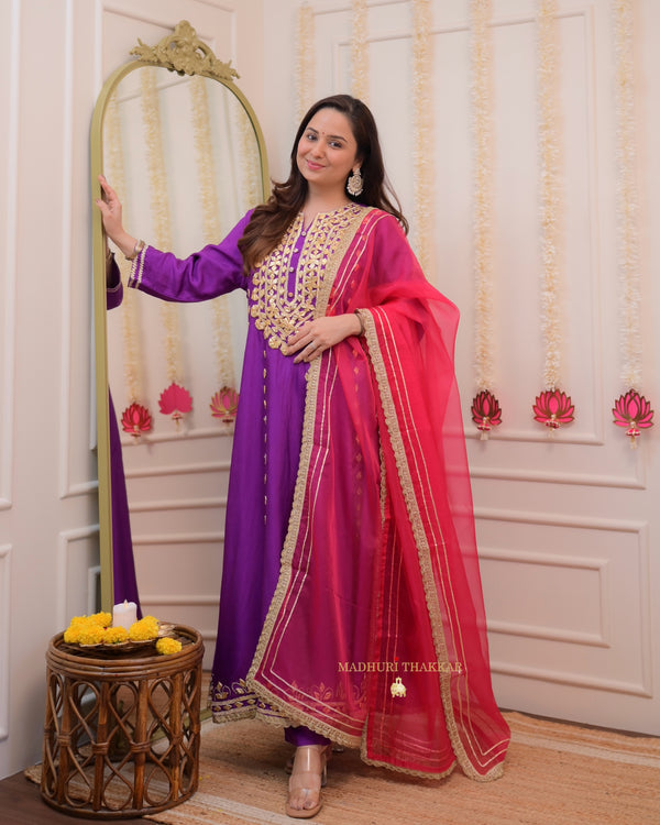 Purple Fuchsia Premium Silk Gota Work Anarkali Set