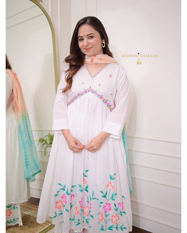 White-Turquoise Mul Cotton Aline Handwork Suit