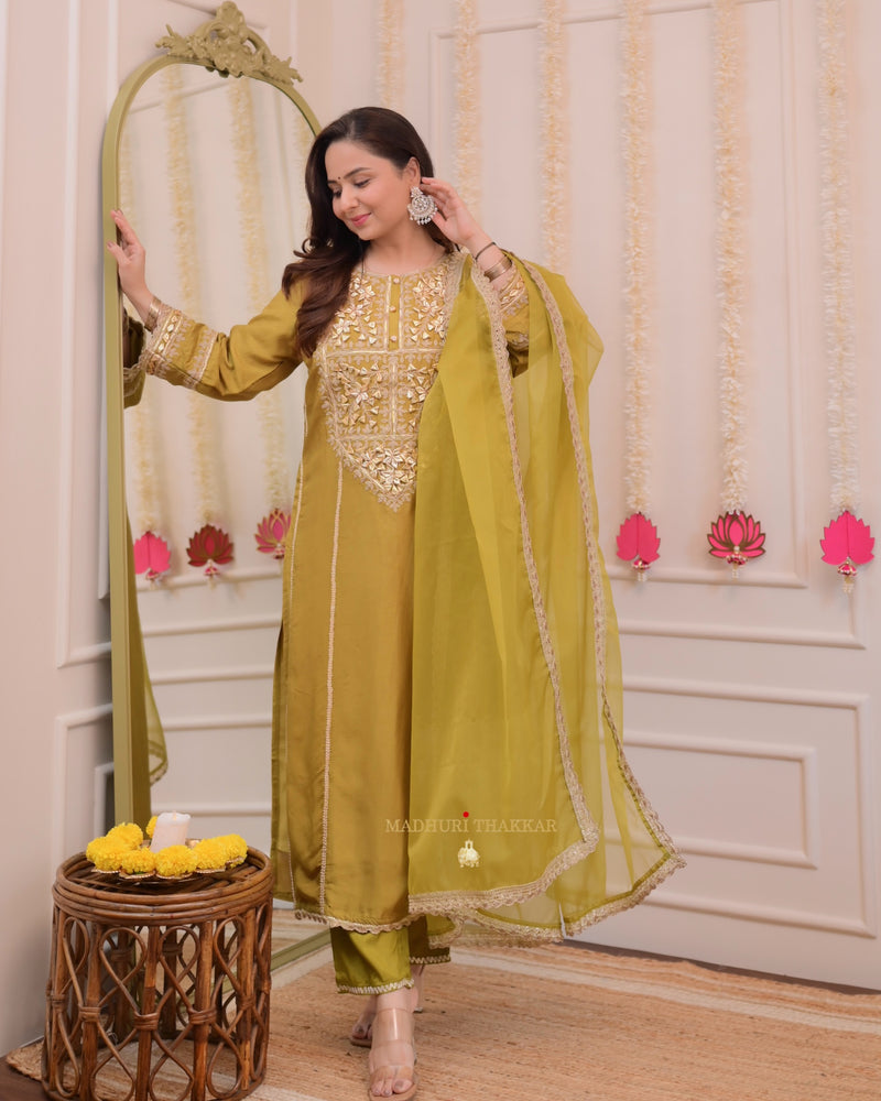 Mehendi Green Premium Silk Gota Work Suit Set