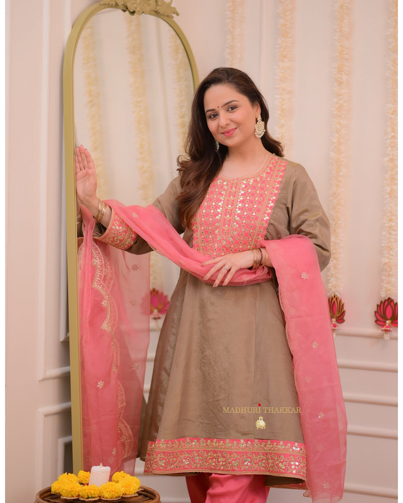 Taupe Pink Shimmer Organza Premium Anarkali Suit