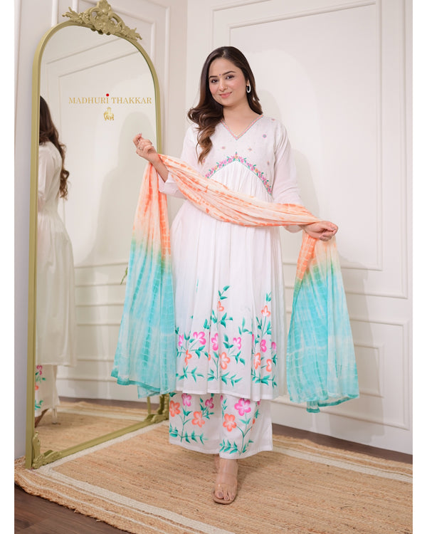 White-Turquoise Mul Cotton Aline Handwork Suit