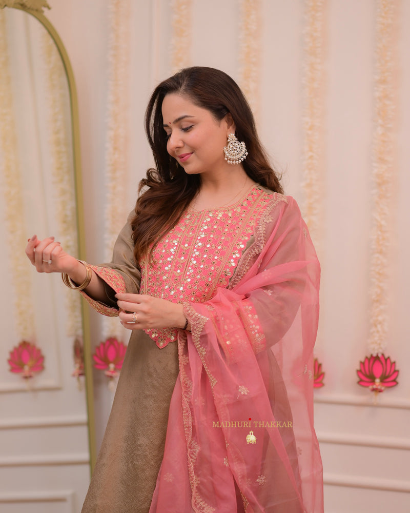 Taupe Pink Shimmer Organza Premium Anarkali Suit