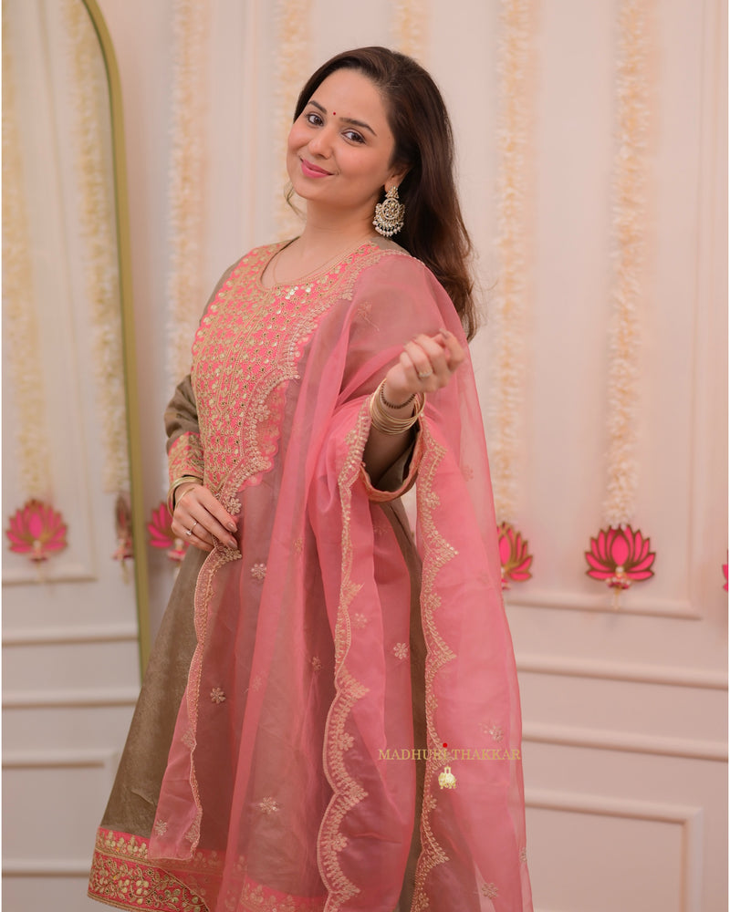 Taupe Pink Shimmer Organza Premium Anarkali Suit