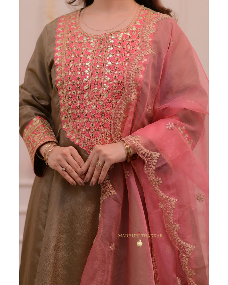 Taupe Pink Shimmer Organza Premium Anarkali Suit