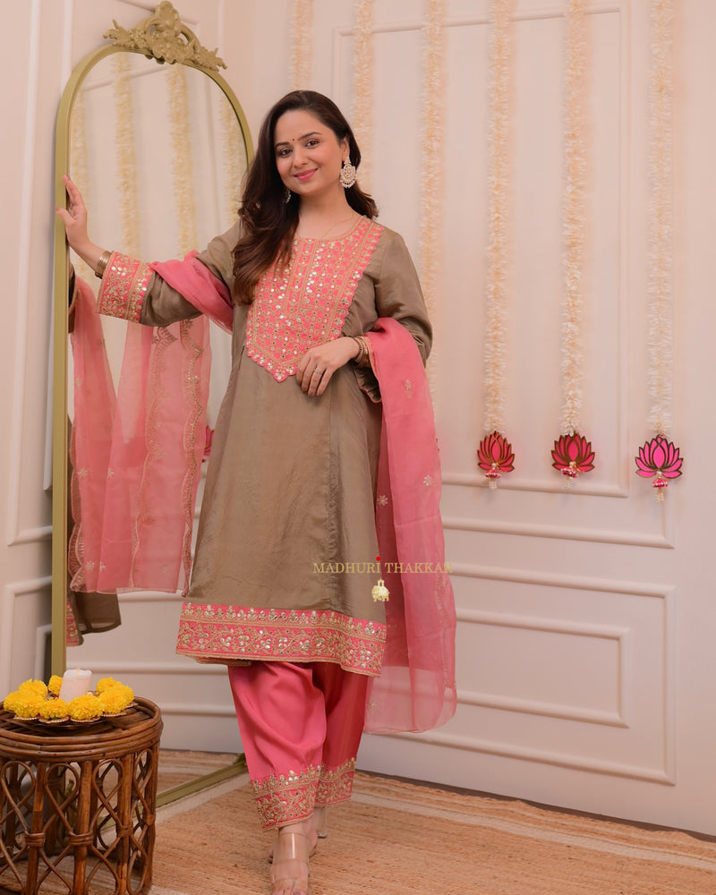 Taupe Pink Shimmer Organza Premium Anarkali Suit