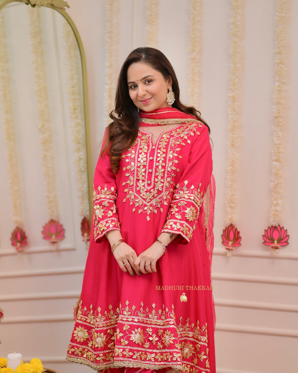 Fuchsia Pink Gota Work Silk Festive Anarkali Suit