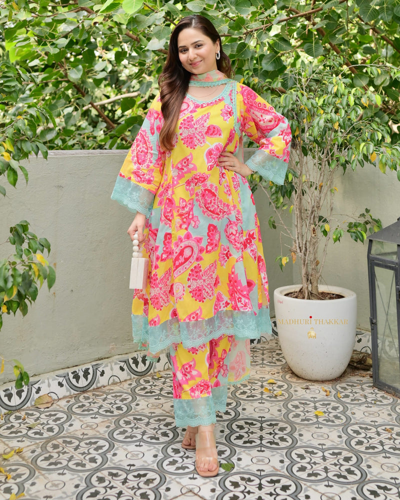 Yellow Blue Floral Premium Cotton A Line Suit