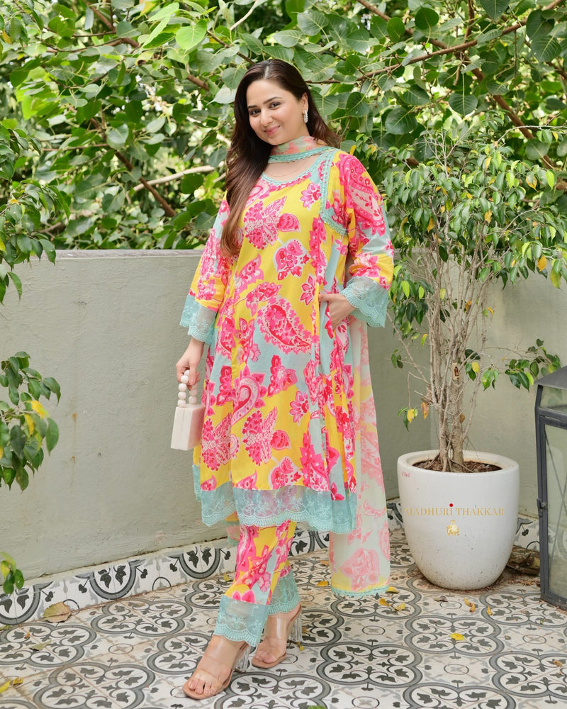 Yellow Blue Floral Premium Cotton A Line Suit