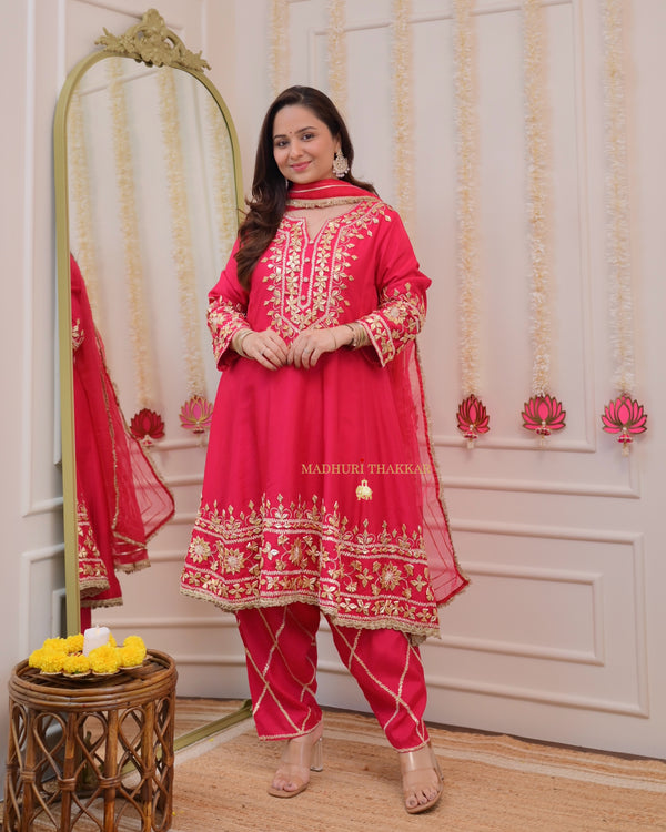 Fuchsia Pink Gota Work Silk Festive Anarkali Suit